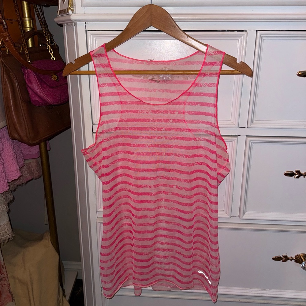 Vintage 2012/2013 Brooks Pink and White Striped Sheer/Mesh Tank Top, Size medium